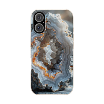 A phone case featuring a detailed geode or agate crystal formation print with concentric bands of gray, white, brown, and orange, shown on a plain white background.