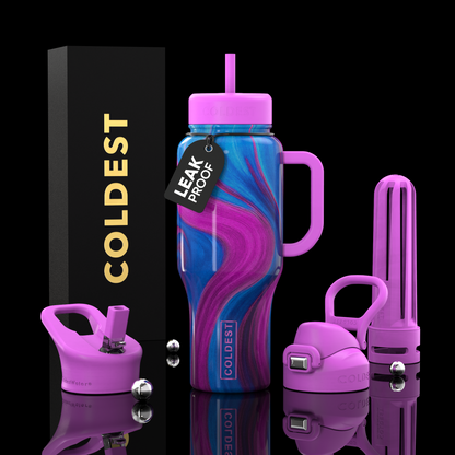 Purple and blue water bottle set with accessories on a black background, featuring the brand 'Coldest'.