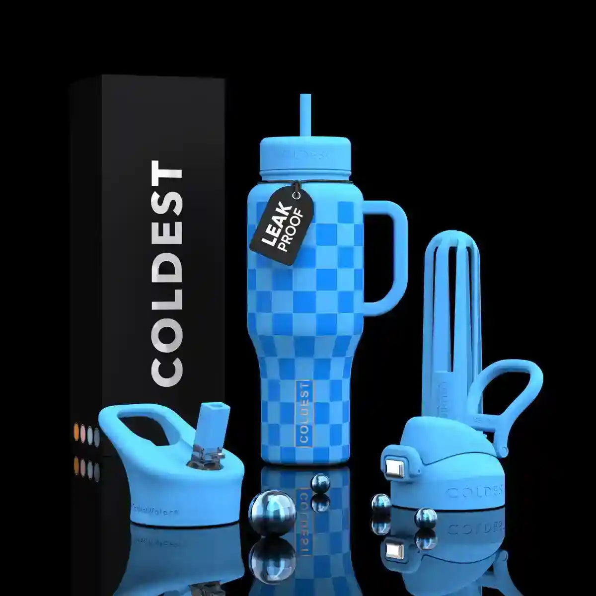 Blue water bottle with checkered pattern, straw lid, and accessories on a black background.