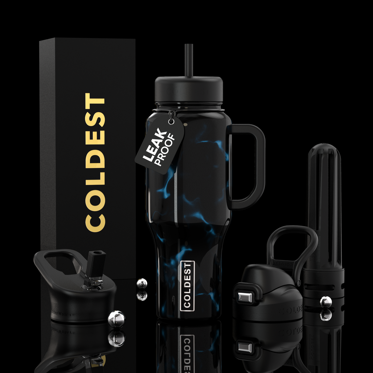 Black water bottle with accessories on a reflective surface, featuring 'COLDEST' branding.