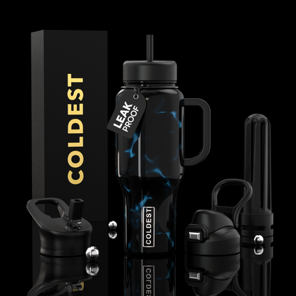 Black water bottle with accessories on a reflective surface, featuring 'COLDEST' branding.