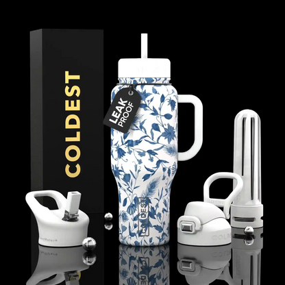 Leak-proof water bottle with floral design on a black background, featuring the brand 'Coldest'.
