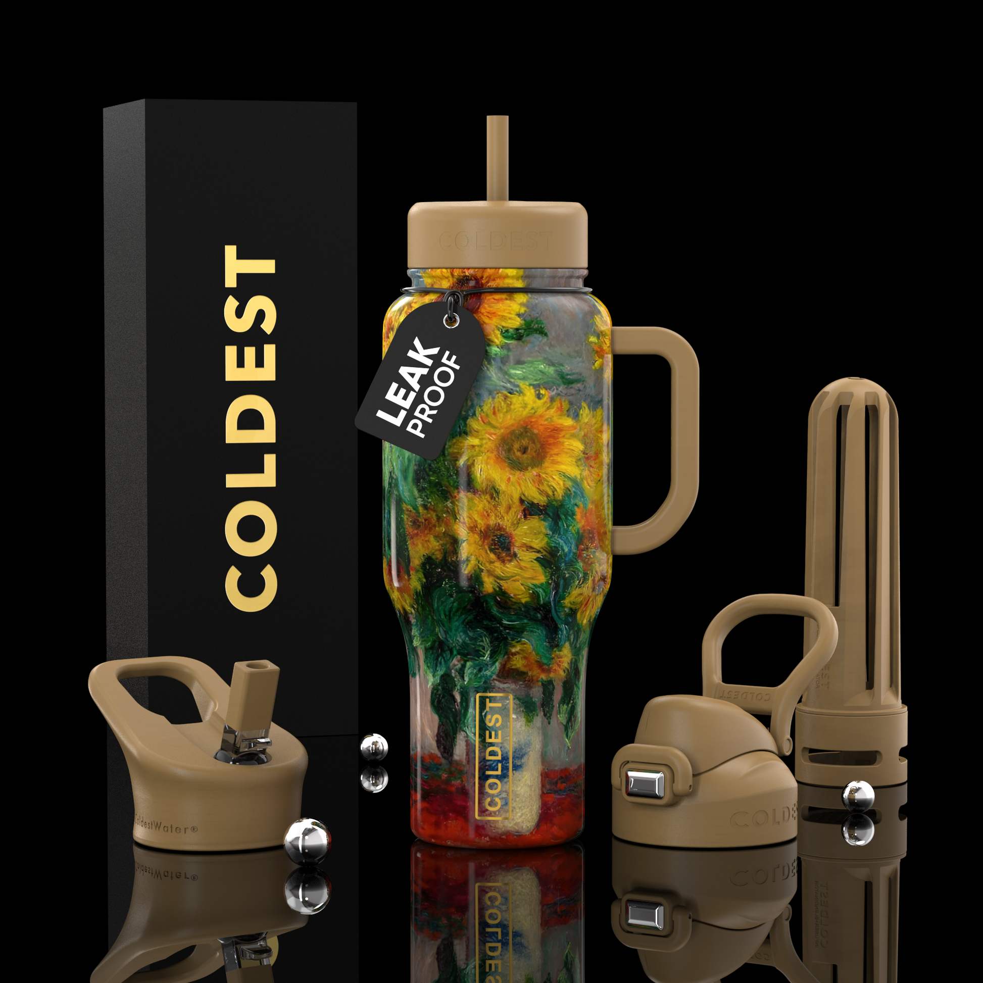 Leak-proof water bottle with sunflower design and accessories on a reflective surface.