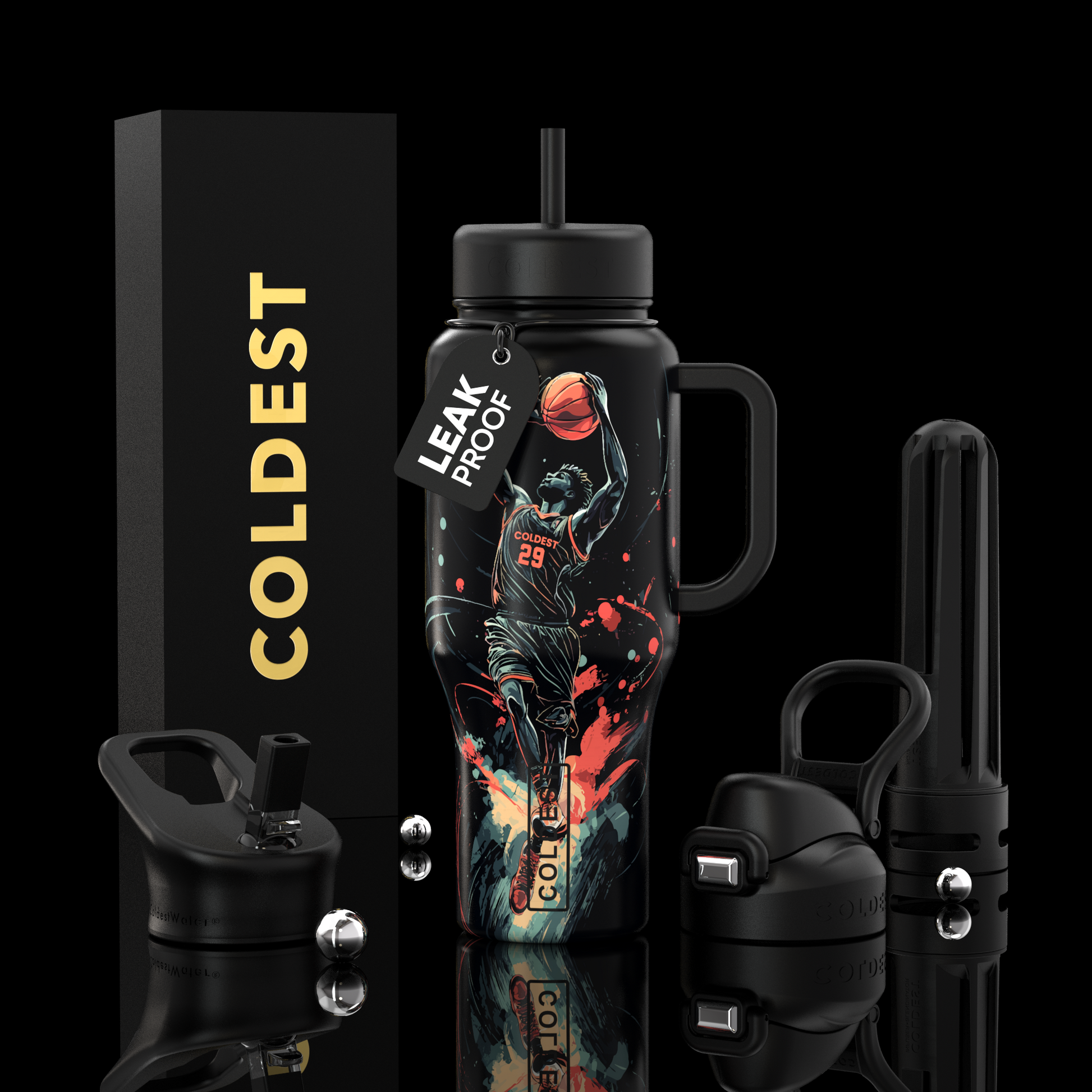 Black water bottle with colorful design, accessories, and 'COLDEST' branding on a black background.