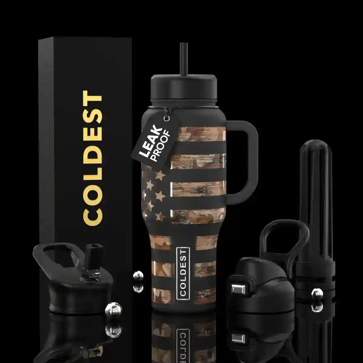 Camouflage water bottle with accessories on a black background, featuring the brand 'Coldest'.
