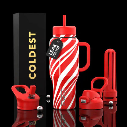 Red and white striped water bottle with accessories on a black background, featuring the brand 'Coldest'.