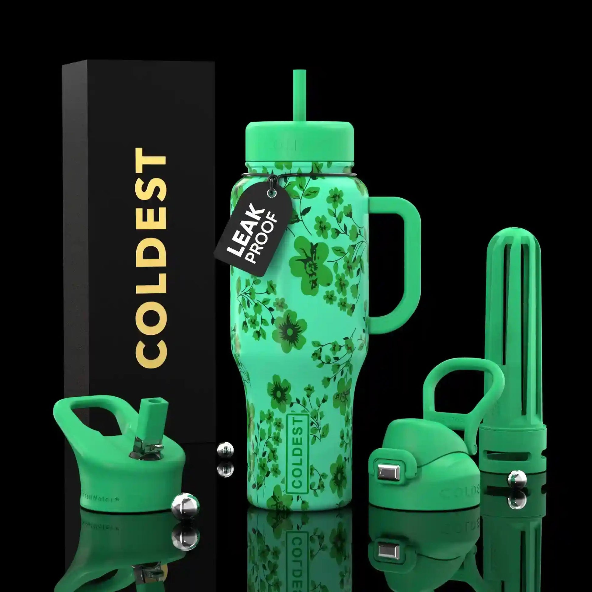 Green floral-patterned water bottle with accessories on a black background, featuring the brand 'Coldest'.