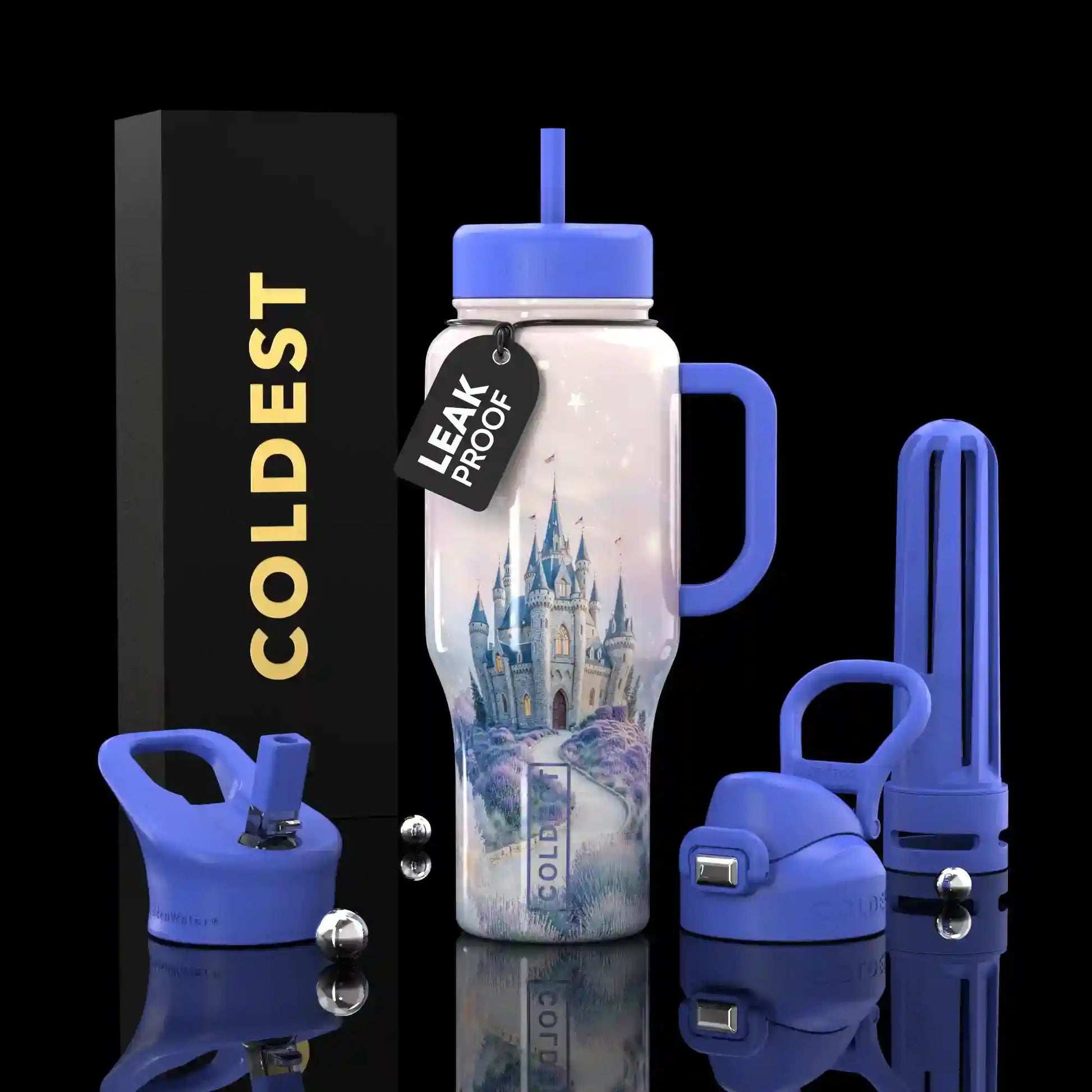 Leak-proof water bottle with castle design and blue accents, surrounded by accessories on a black background.