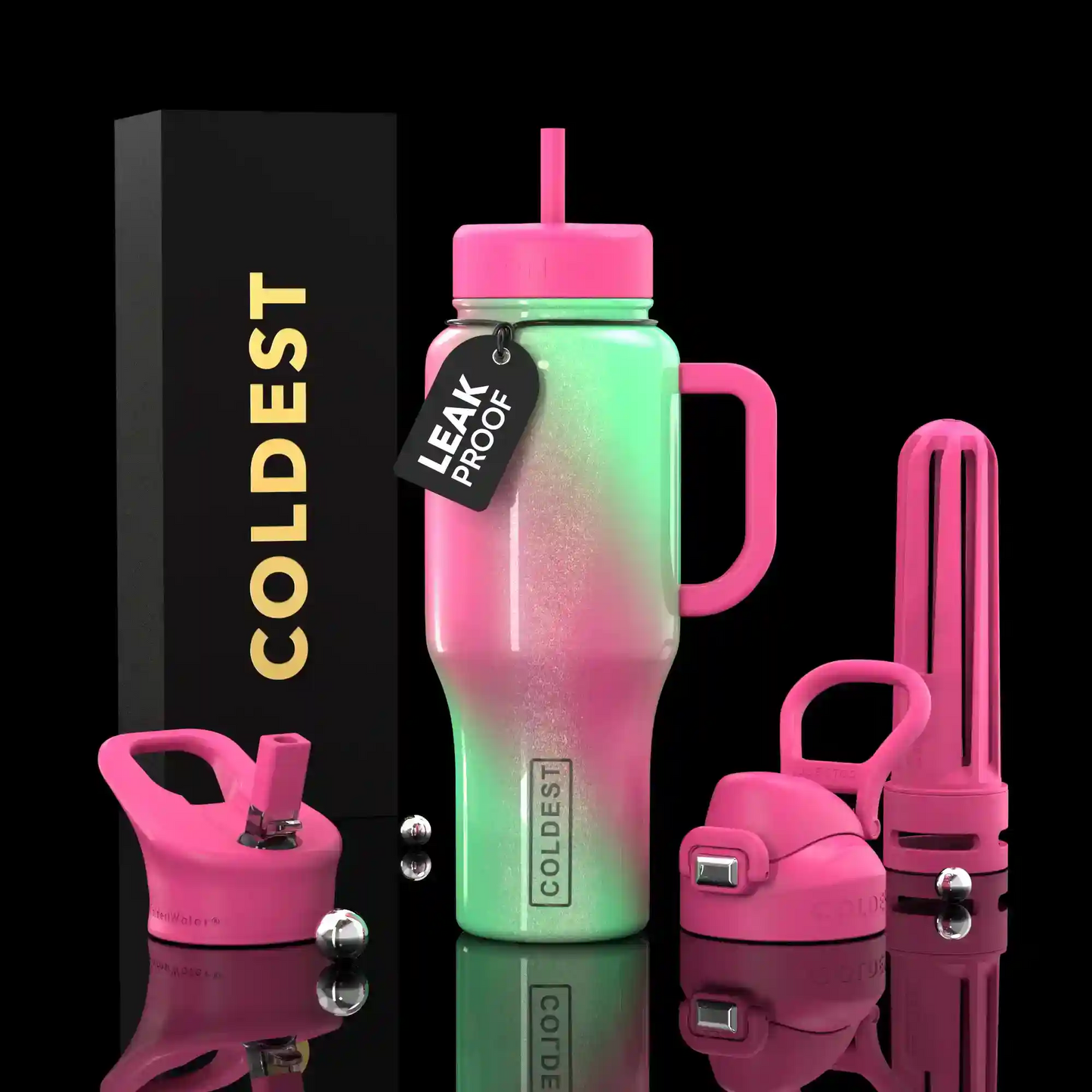 Gradient pink to green water bottle with accessories on a black background, featuring 'COLDEST' branding.