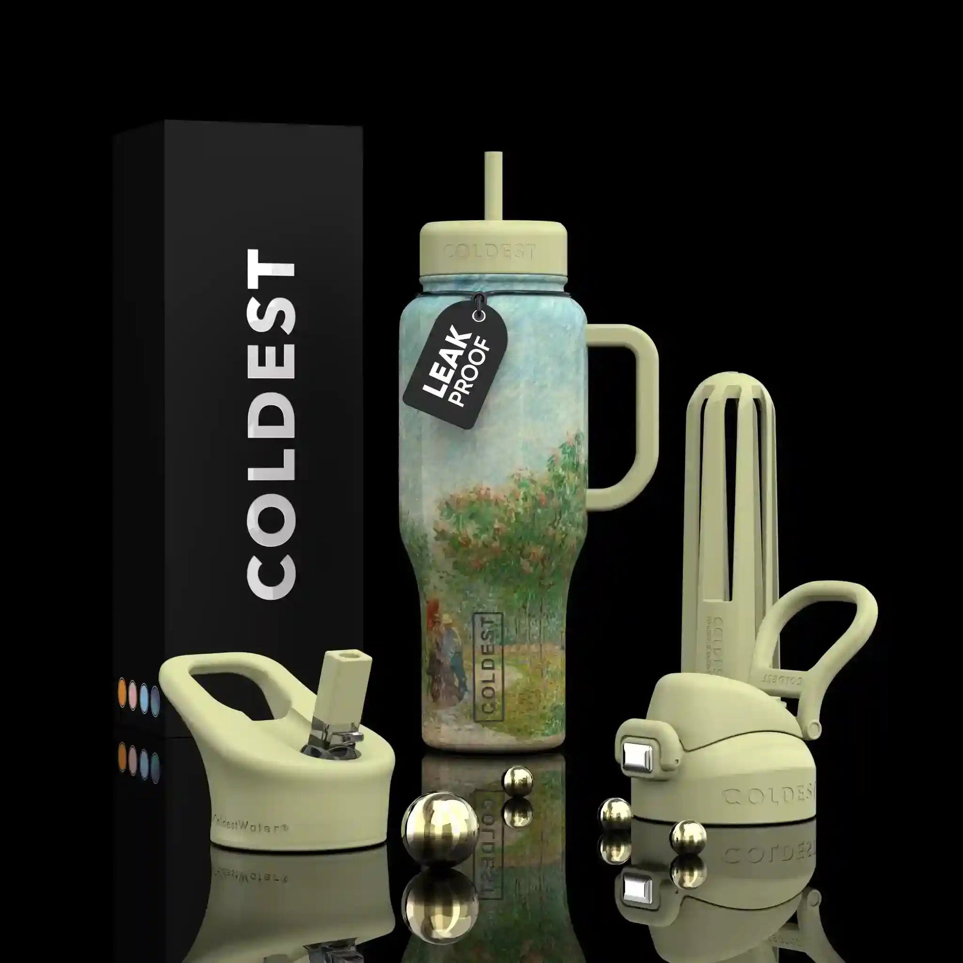 Leak-proof water bottle with accessories on a reflective surface against a black background
