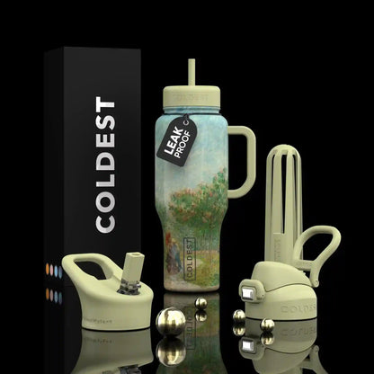 Leak-proof water bottle with accessories on a reflective surface against a black background