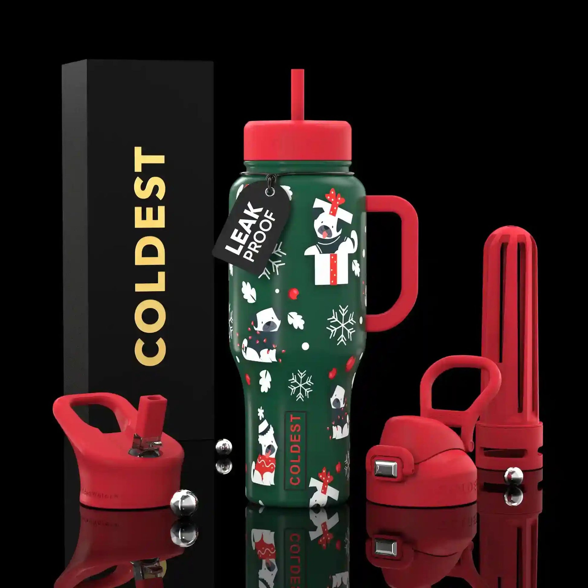 Green water bottle with red accents and 'Coldest' branding on a black background