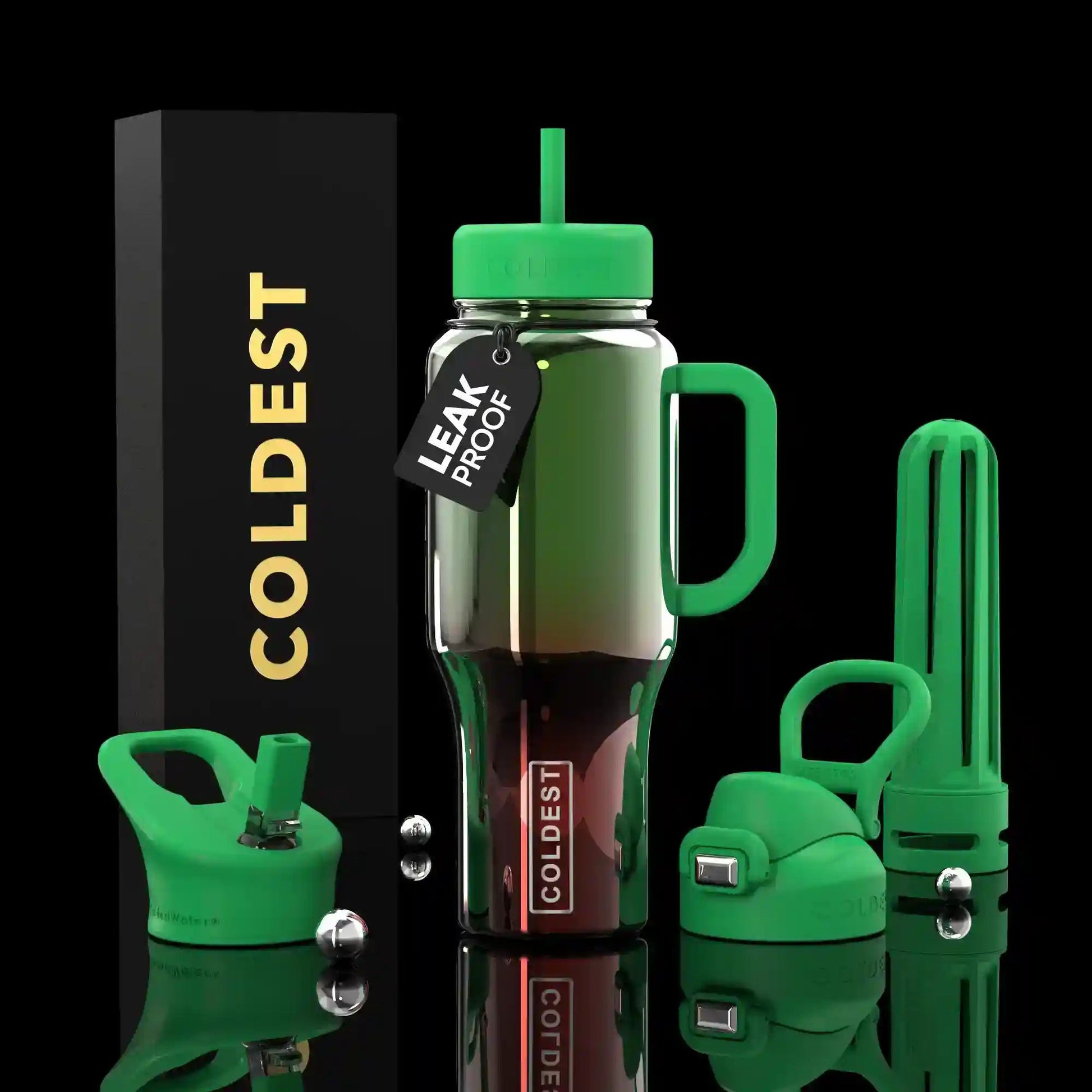 Green water bottle set with accessories on a black background, featuring the brand 'Coldest'.
