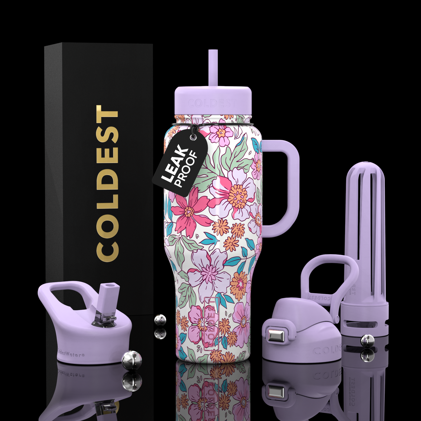 Floral-patterned water bottle with accessories on a reflective surface, featuring 'Coldest' branding.