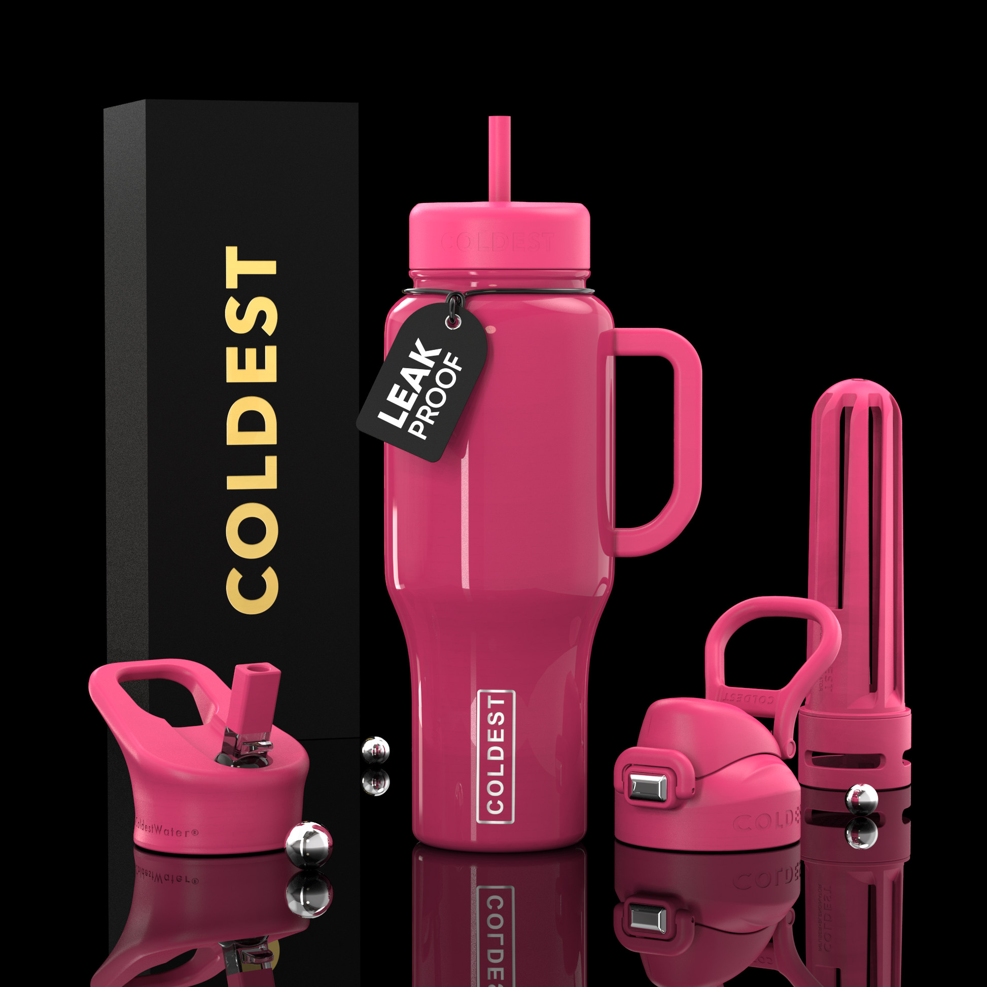 Pink water bottle set with accessories on a black background, featuring the brand 'COLDEST'.