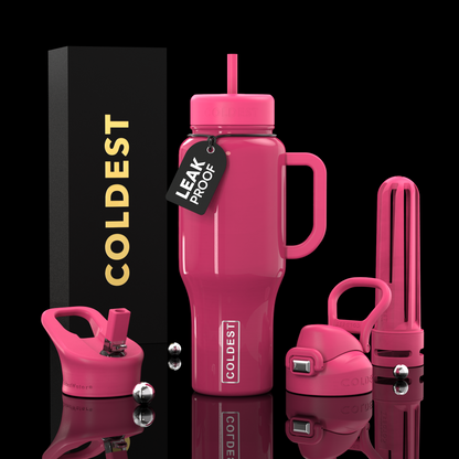 Pink water bottle set with accessories on a black background, featuring the brand 'COLDEST'.