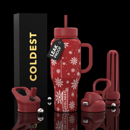Red water bottle with snowflake design and 'Coldest' branding on a black background