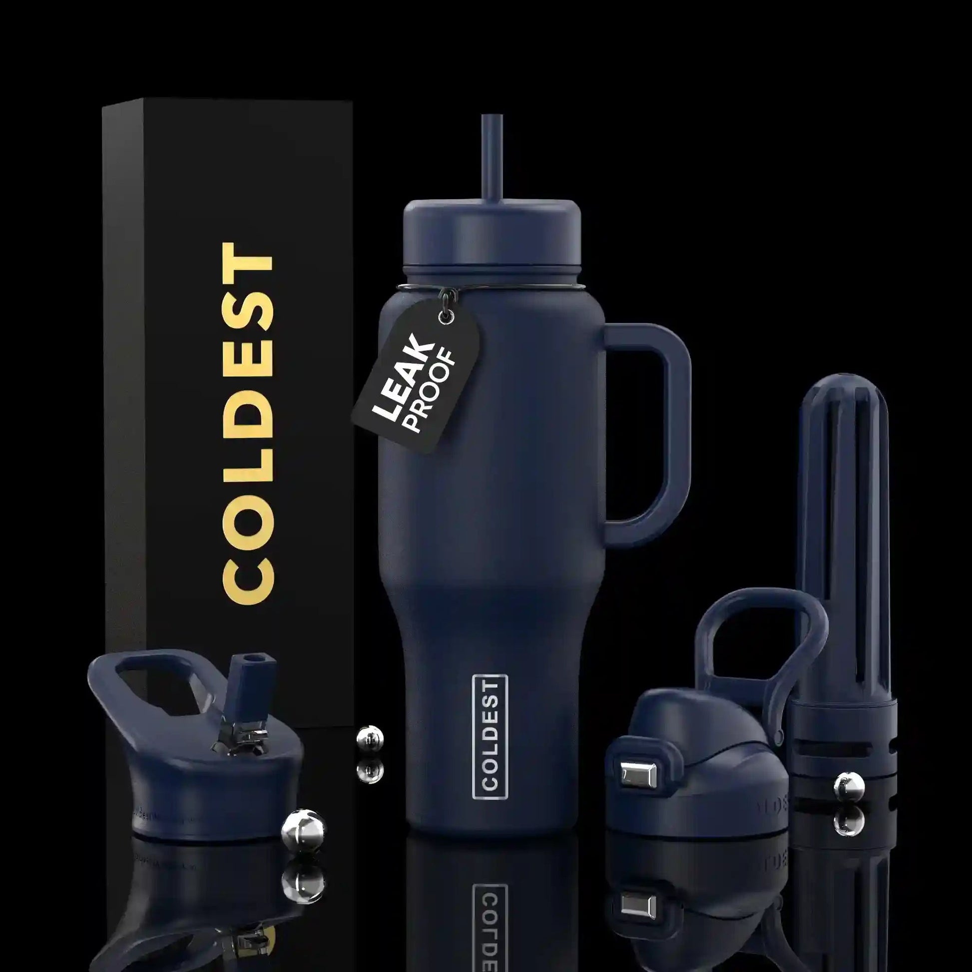 Navy blue water bottle with accessories on a black background, featuring 'COLDEST' branding.