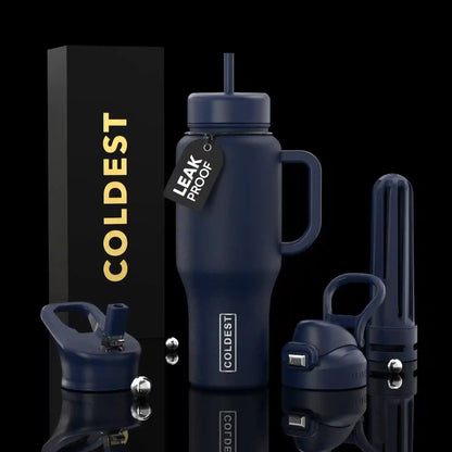 Navy blue water bottle with accessories on a black background, featuring 'COLDEST' branding.