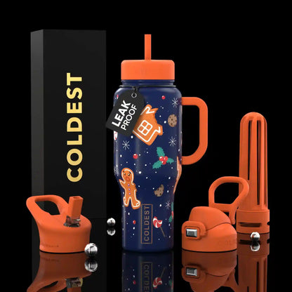Insulated water bottle with orange lid and accessories on a black background, featuring 'COLDEST' branding.