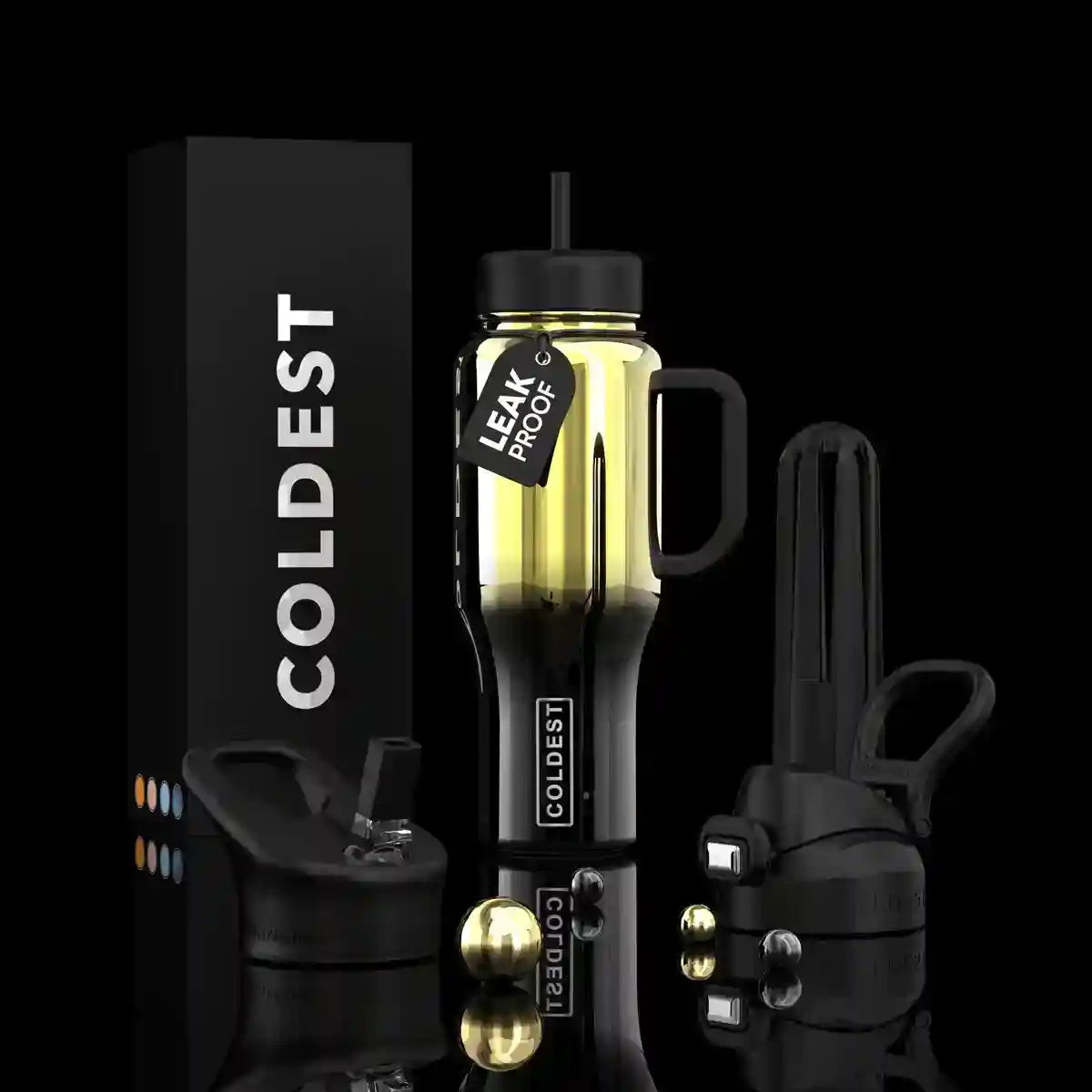 Black and yellow water bottle with 'Coldest' branding on a black background