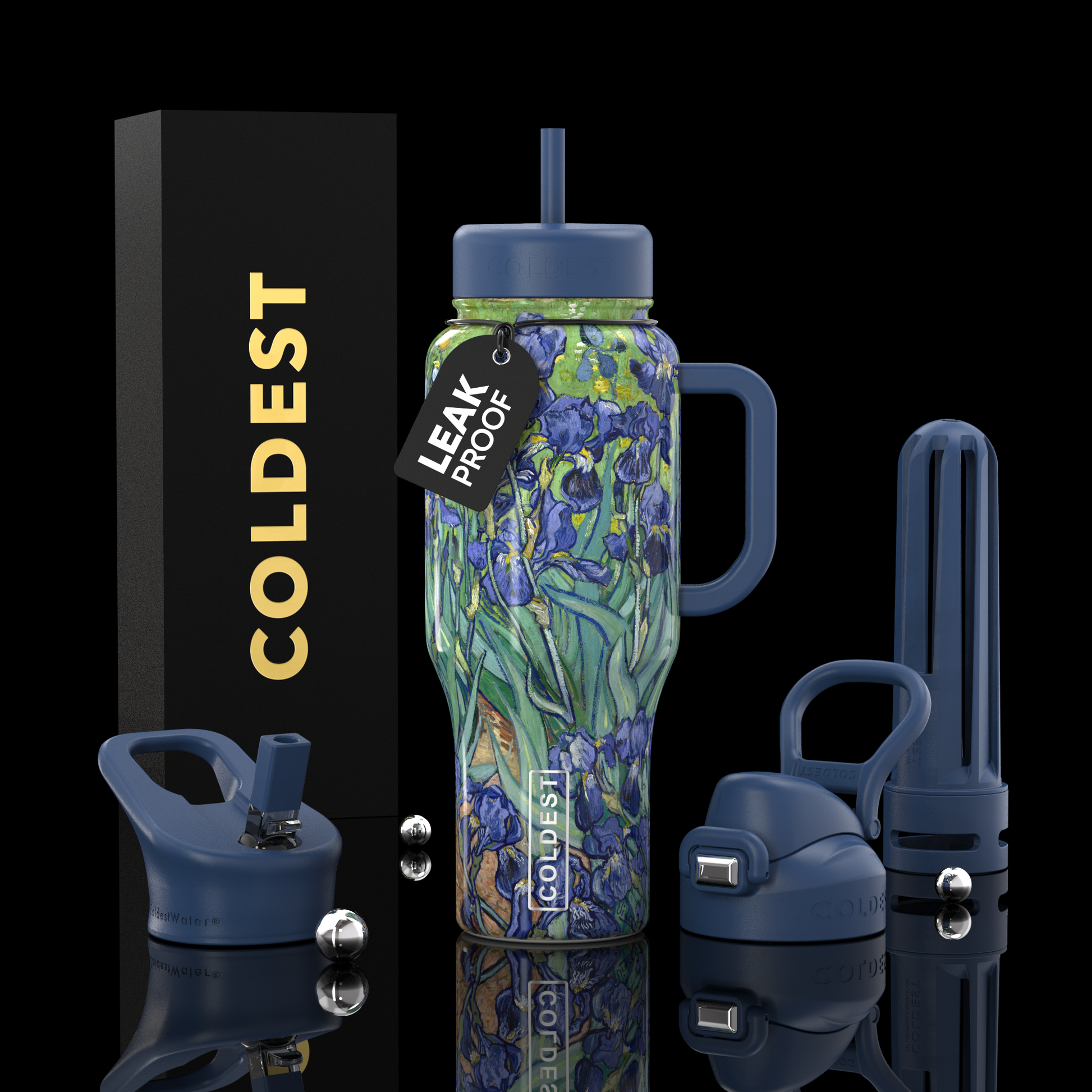 Leak-proof water bottle with Van Gogh-style design on a reflective black surface