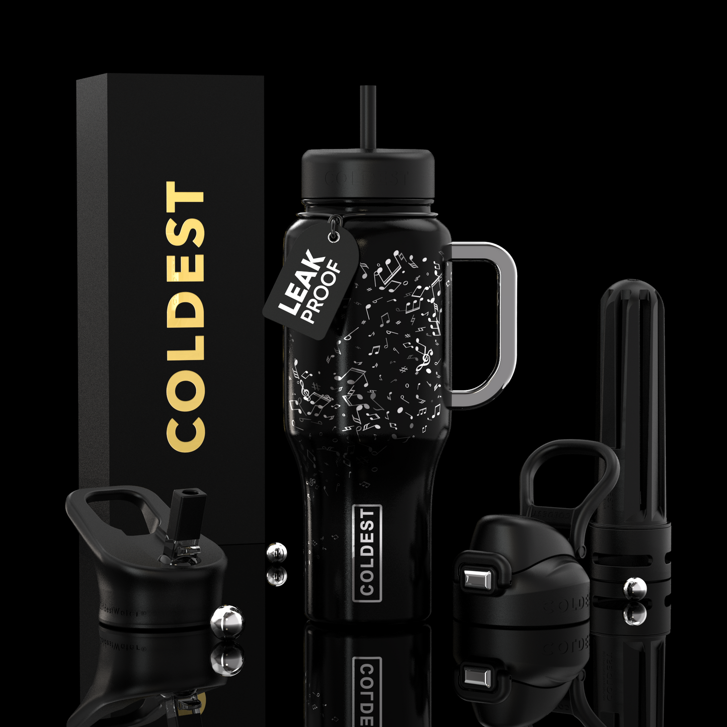 Black water bottle with accessories and 'COLDEST' branding on a reflective surface.