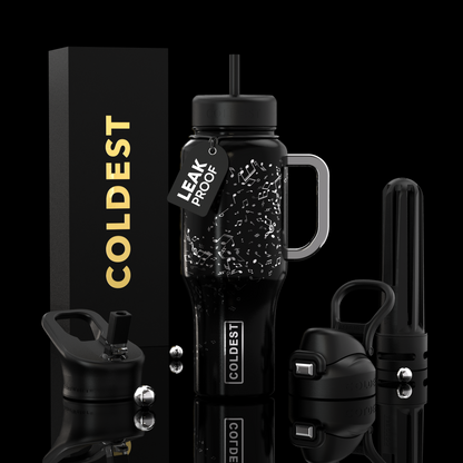 Black water bottle with accessories and 'COLDEST' branding on a reflective surface.