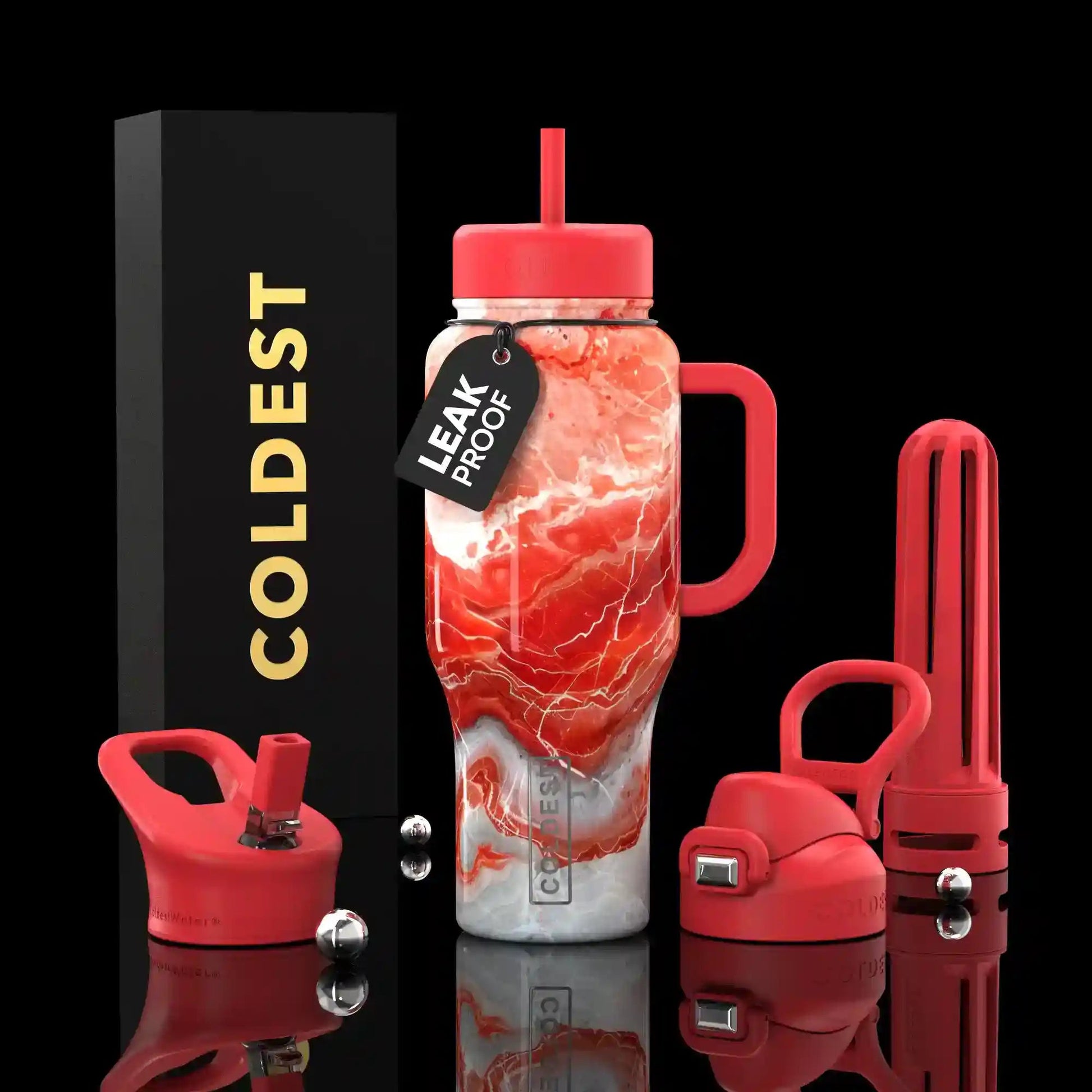Red water bottle set with accessories on a black background, featuring the brand 'Coldest'.
