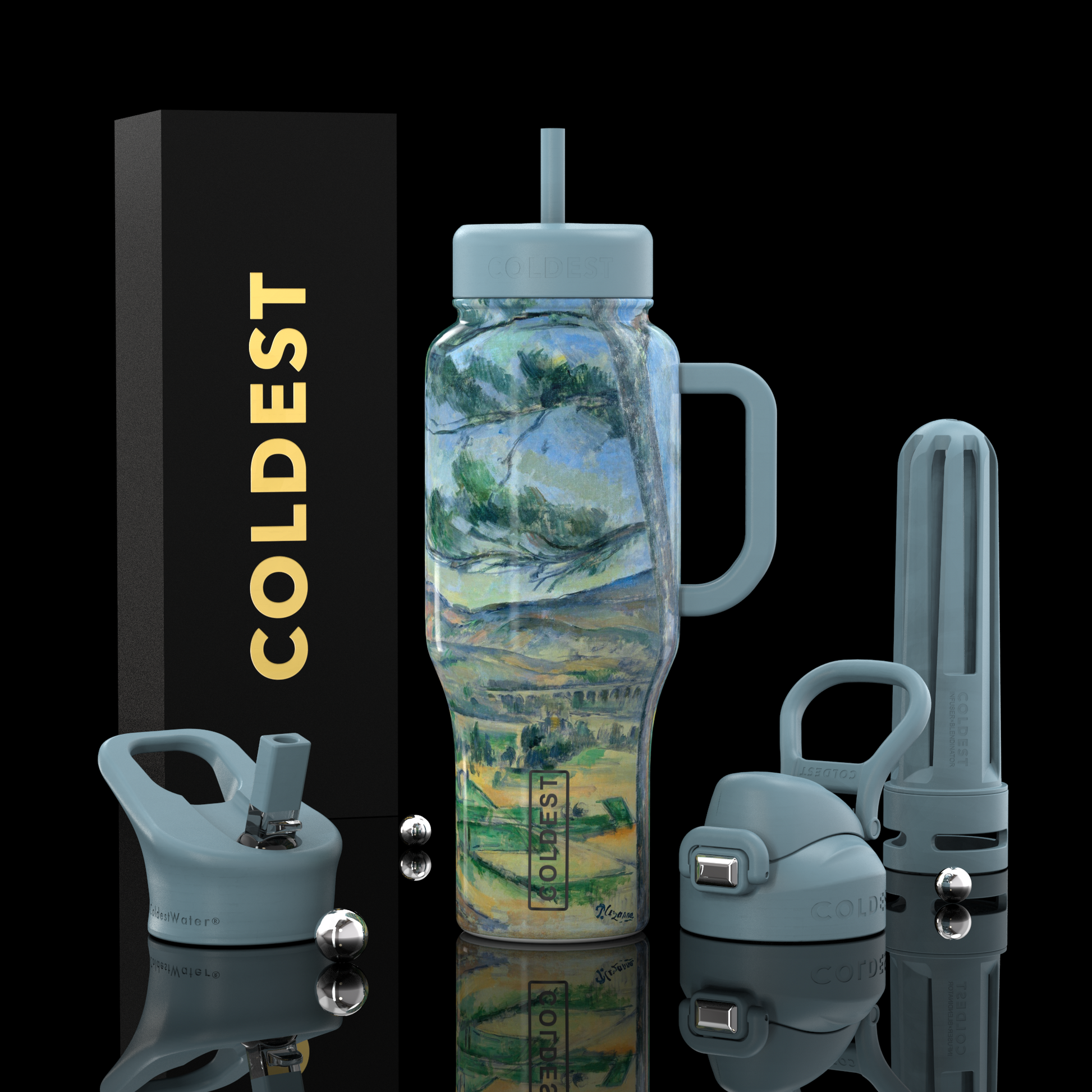 Glass water bottle with handle and accessories on a black background, featuring the brand 'Coldest'.