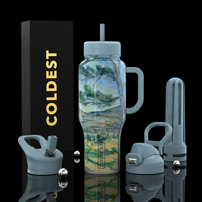 Glass water bottle with handle and accessories on a black background, featuring the brand 'Coldest'.