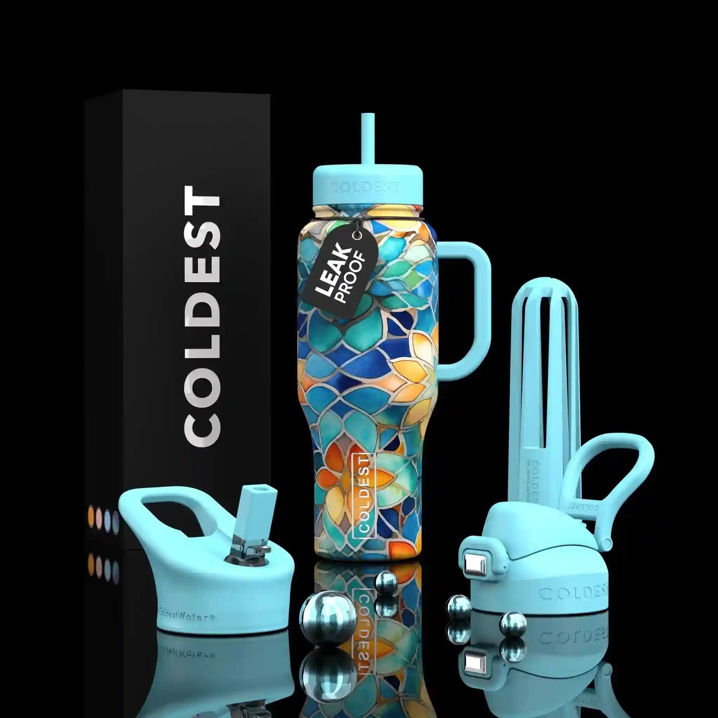 Colorful water bottle with accessories and 'Coldest' branding on a black background