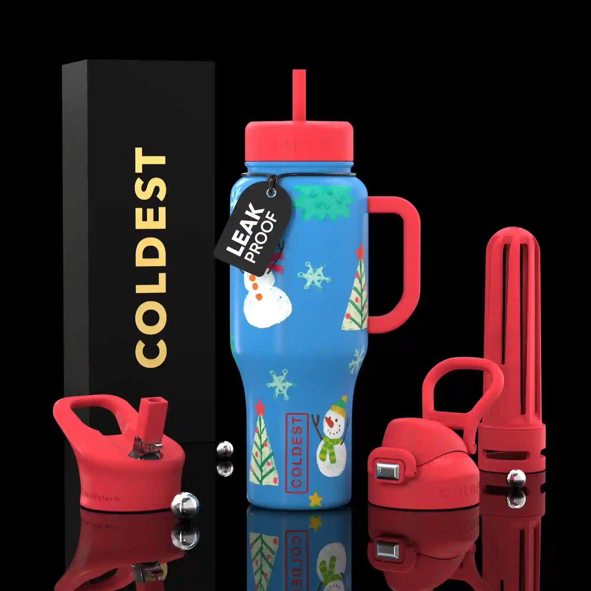Blue water bottle with red lid and accessories on a black background, featuring 'COLDEST' branding.