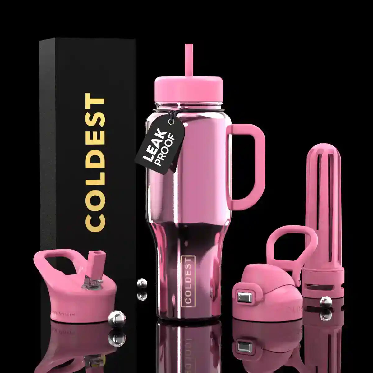 Pink water bottle set with accessories on a black background, featuring the brand 'Coldest'.