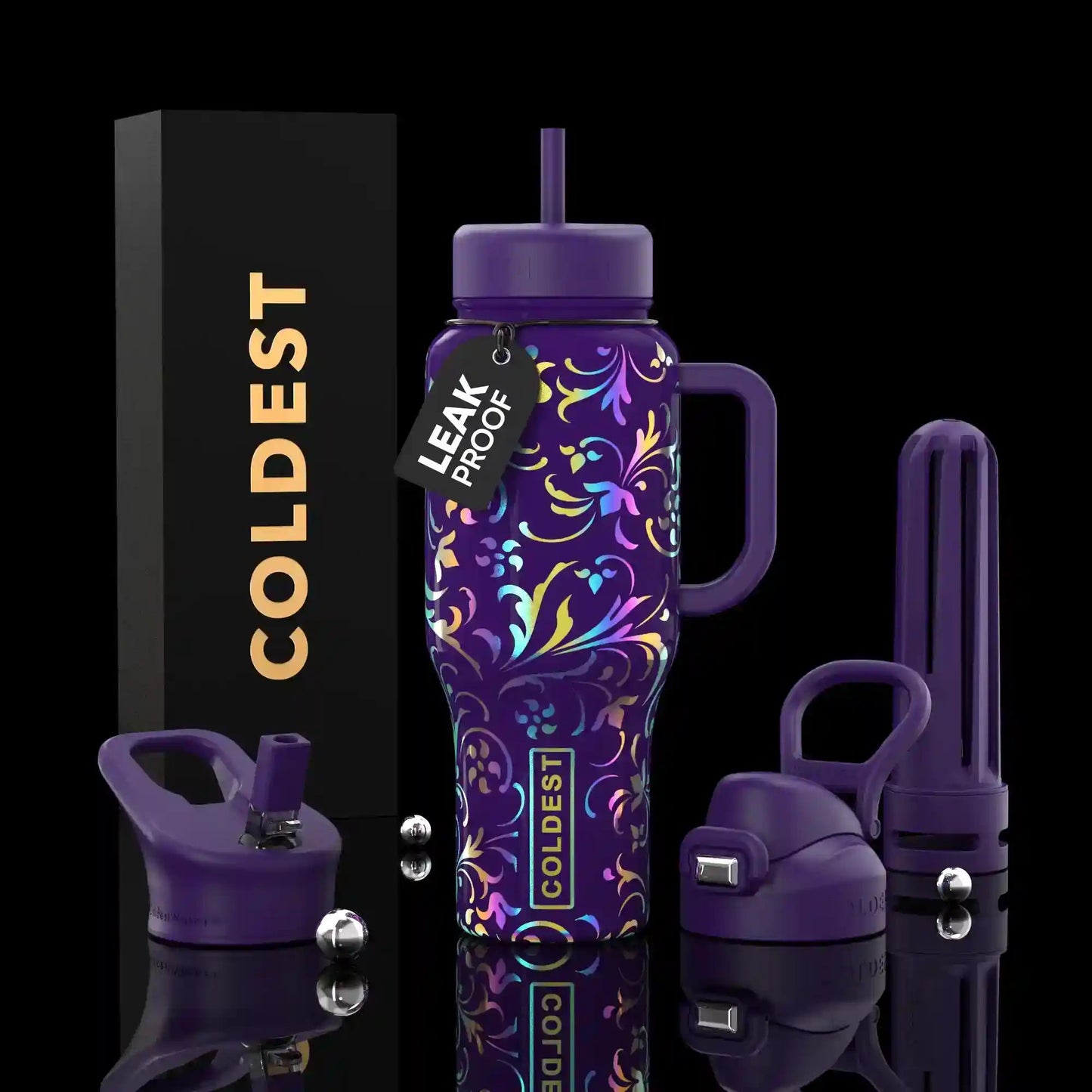 Purple water bottle with colorful design and accessories on a black background, featuring the brand 'Coldest'.