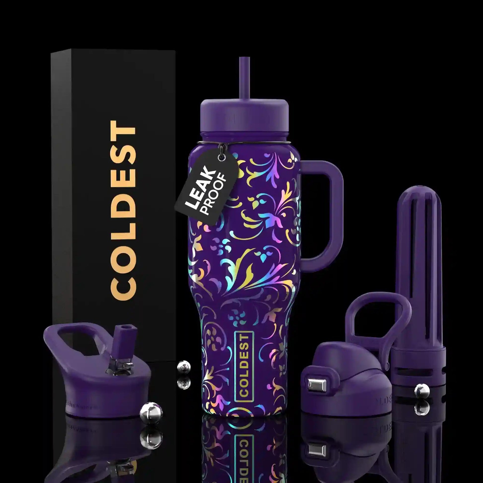 Purple water bottle with colorful design and accessories on a black background, featuring the brand 'Coldest'.