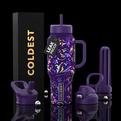 Purple water bottle with colorful design and accessories on a black background, featuring the brand 'Coldest'.