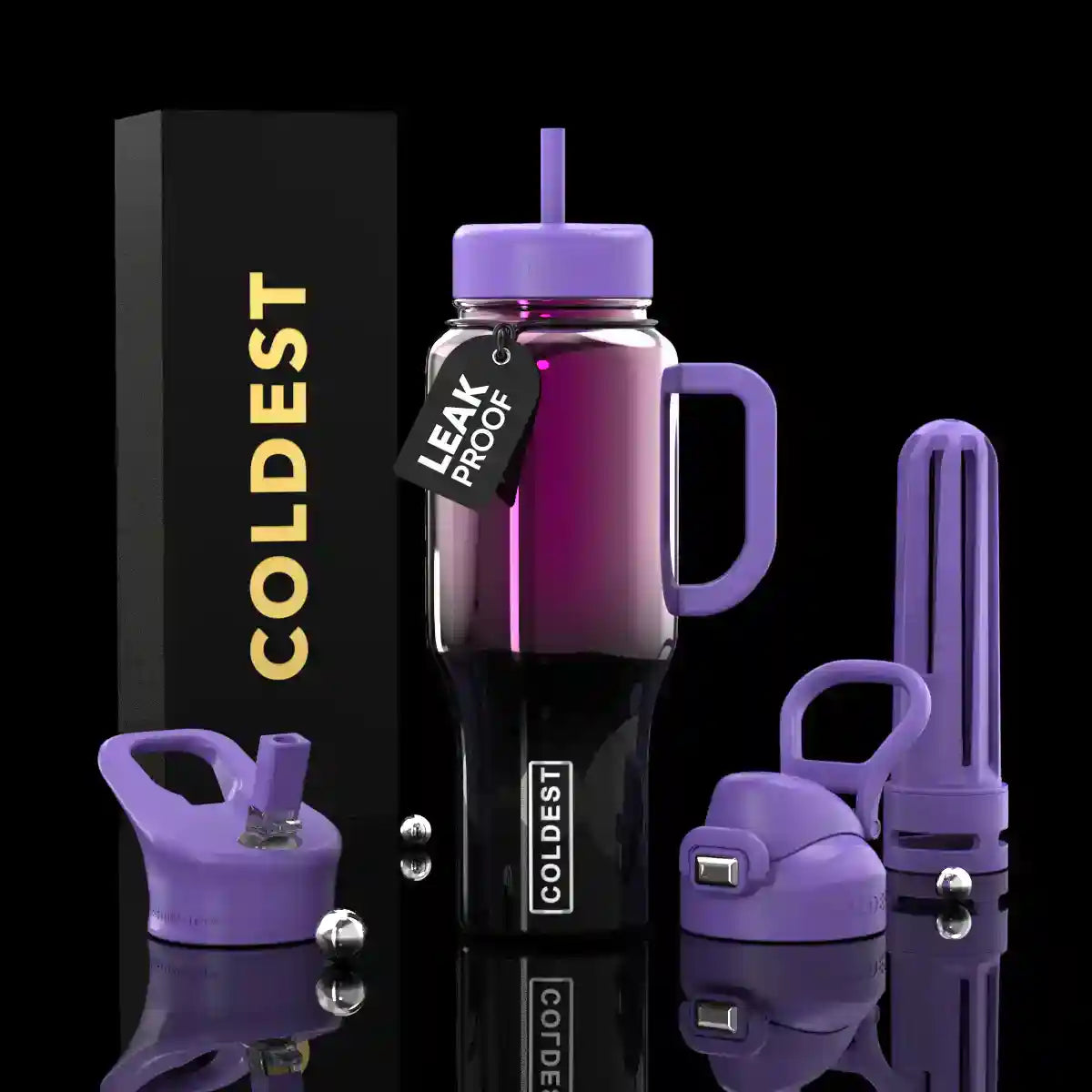 Purple water bottle set with accessories on a black background, featuring the brand 'COLDEST'.