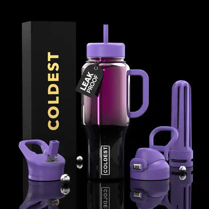 Purple water bottle set with accessories on a black background, featuring the brand 'COLDEST'.