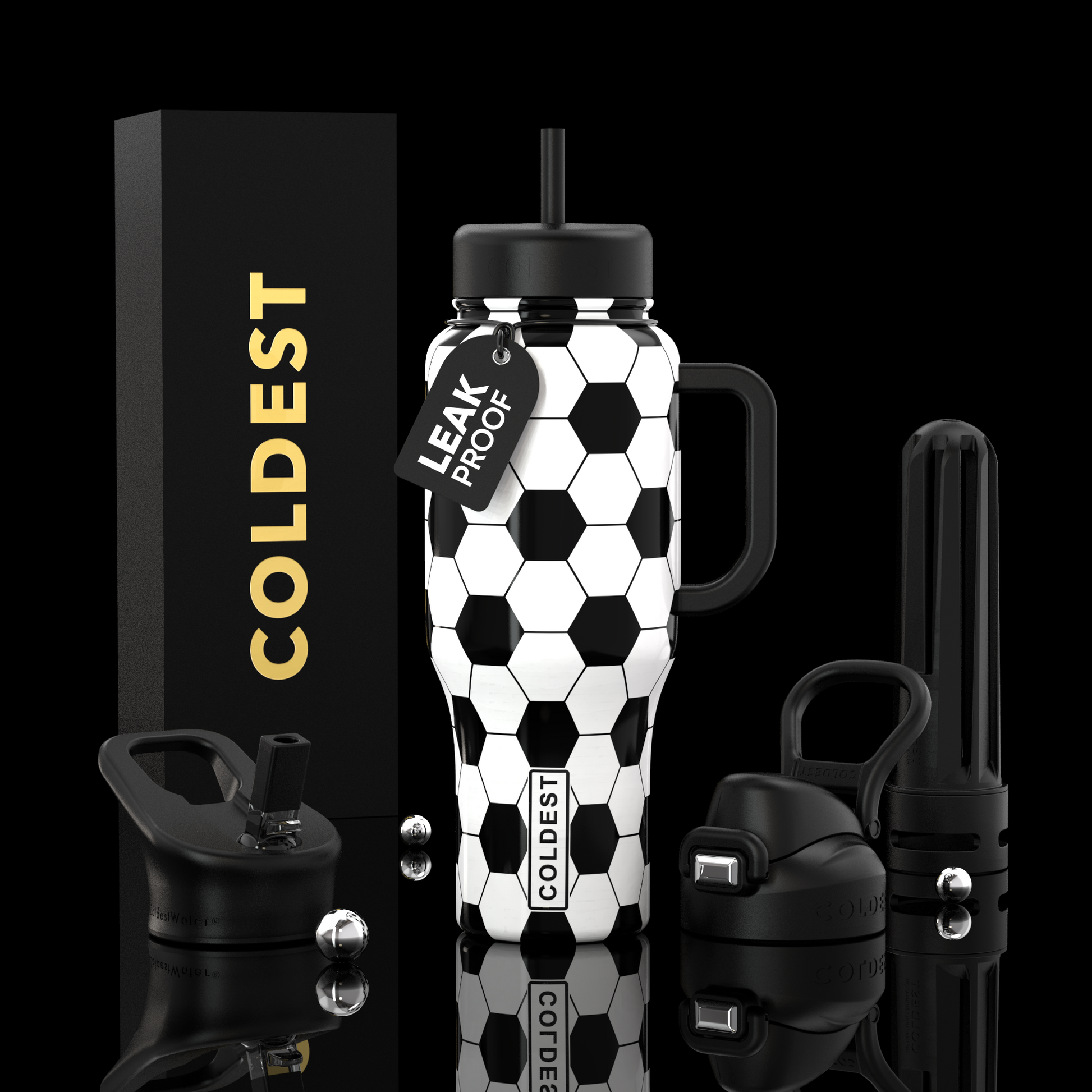 Black and white patterned water bottle with accessories on a black background, featuring 'COLDEST' branding.