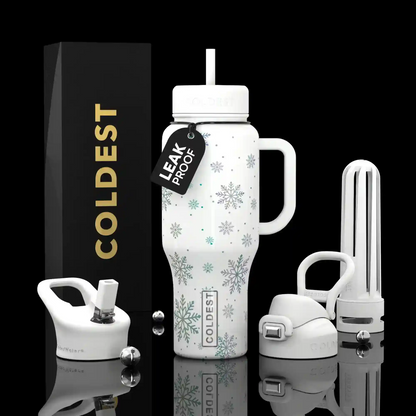 White water bottle with snowflake design and 'Coldest' branding on a black background