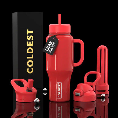 Red water bottle set with various components on a black background, featuring the brand 'COLDEST'.