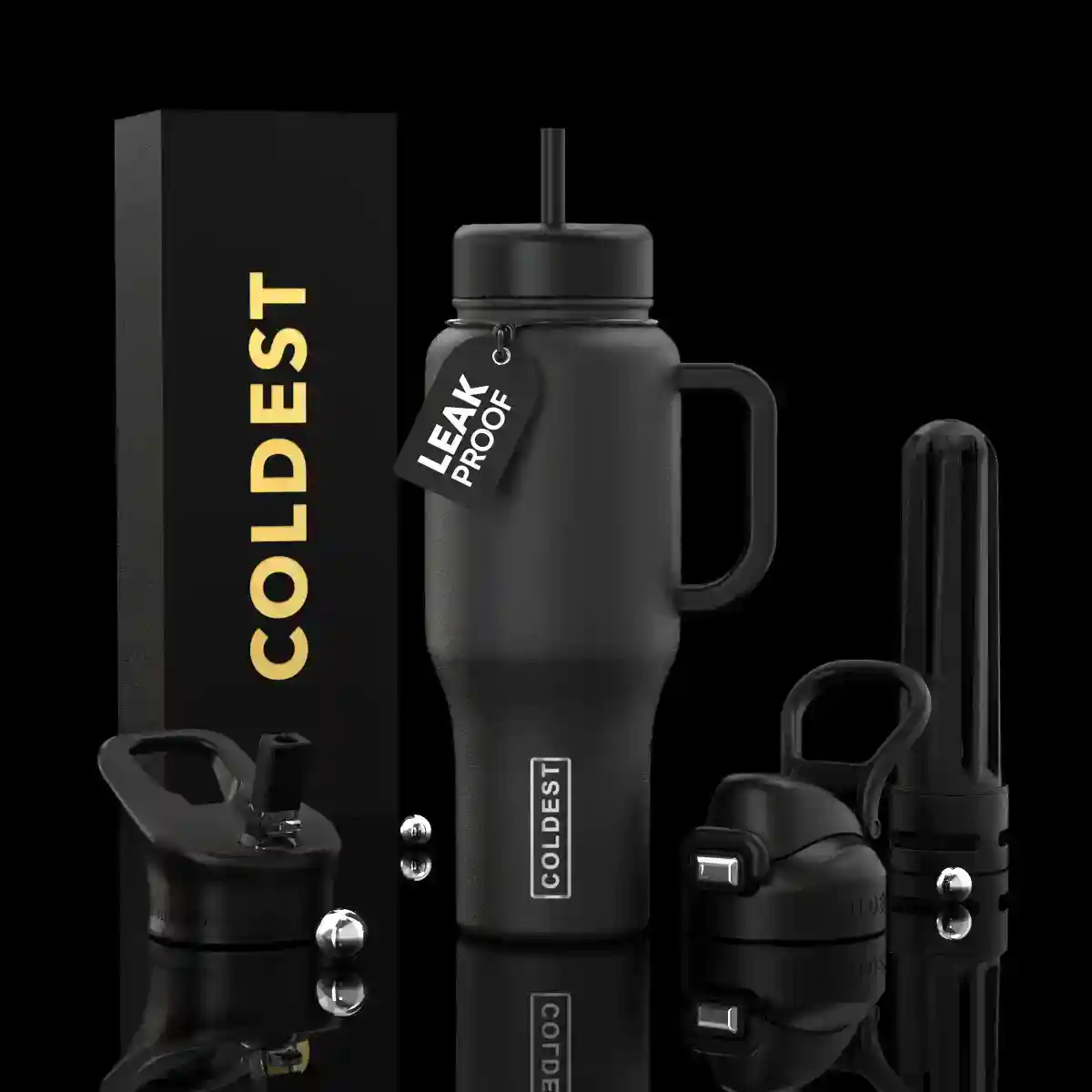 Black water bottle with accessories on a black background, featuring 'COLDEST' branding.
