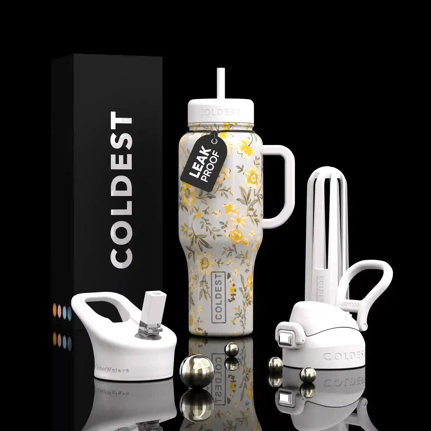 Leak-proof water bottle with floral design and accessories on a black background, featuring the brand 'Coldest'.