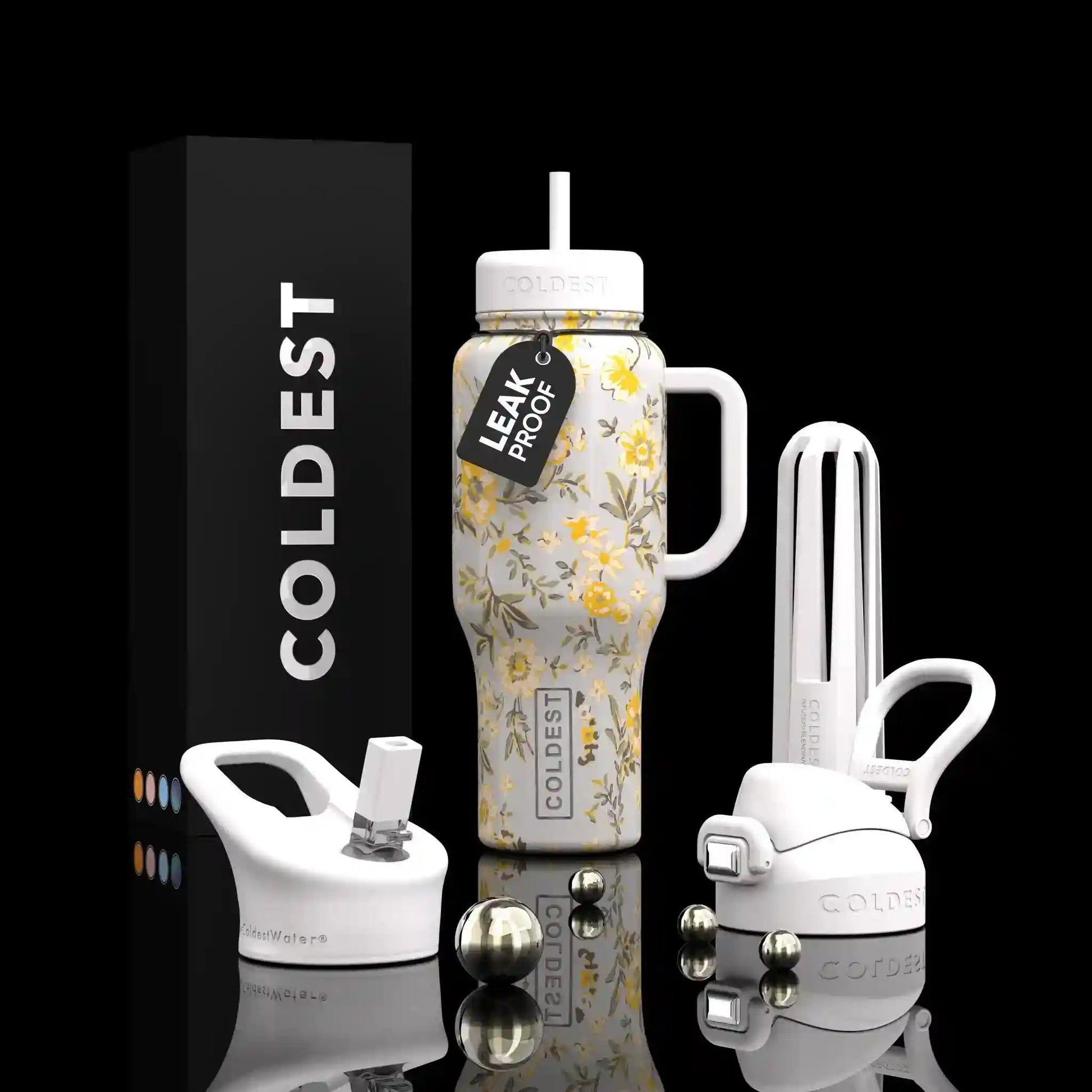 Leak-proof water bottle with floral design and accessories on a black background, featuring the brand 'Coldest'.