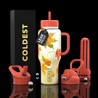 Leak-proof water bottle with red accents and leaf design, surrounded by accessories on a black background.