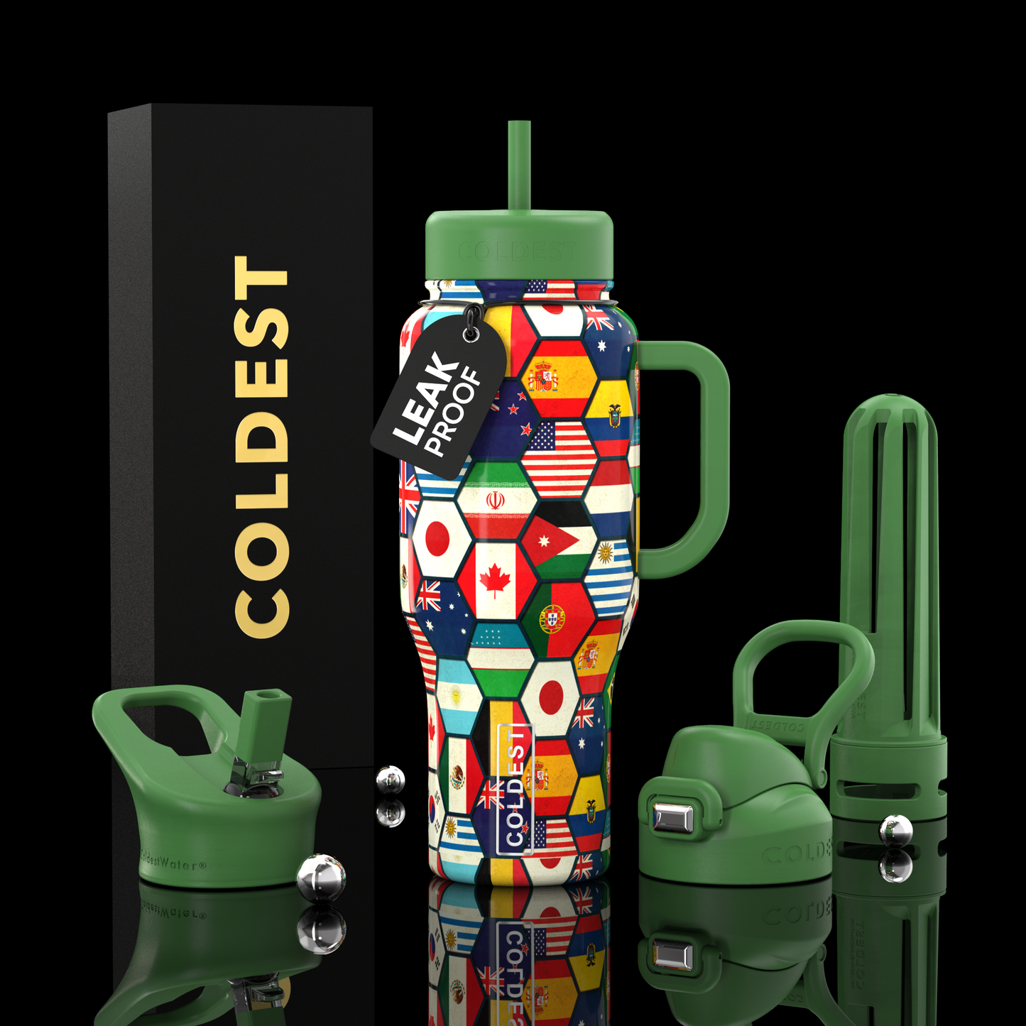 Colorful water bottle with flag design and green accents, surrounded by accessories on a black background.