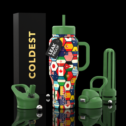 Colorful water bottle with flag design and green accents, surrounded by accessories on a black background.