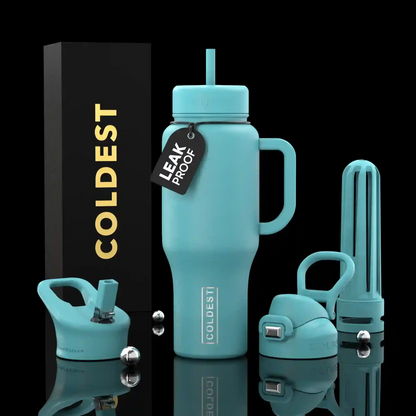 Teal water bottle with accessories and 'COLDEST' branding on a black background