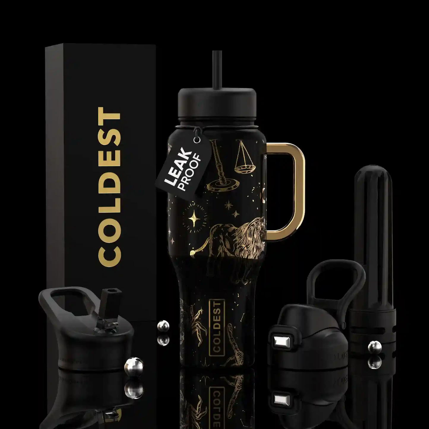 Black water bottle with gold design, 'Coldest' branding, and accessories on a black background